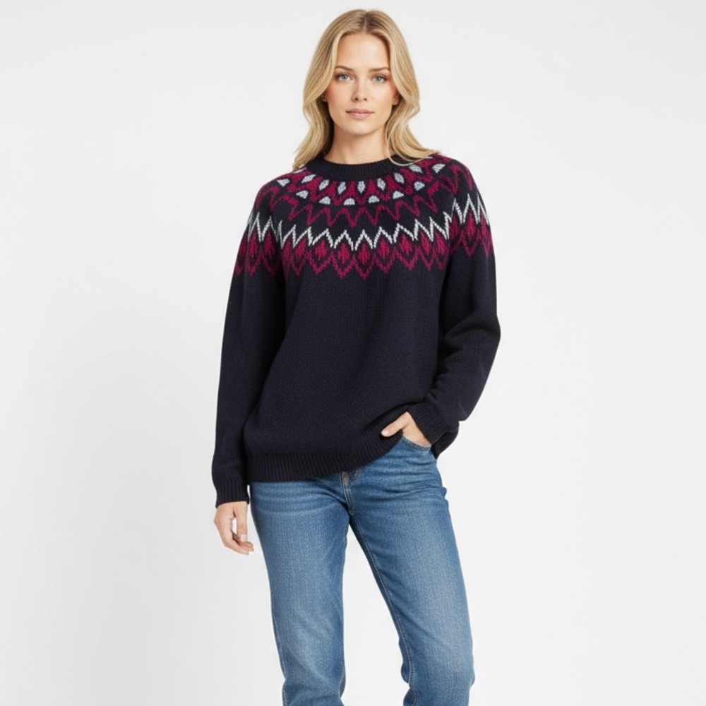Mountain and Isles XL Women's Crewneck Sweater, Fair-isle pattern, Navy Pink NWT